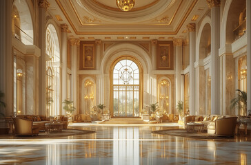Fototapeta premium Grand Hotel Lobby: Marble Floors and Gilded Accents for a Luxurious Welcome