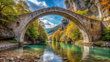 Stone bridge arching over Voidomatis river in Central Zagoria, Epirus, Greece, arch, stone, bridge