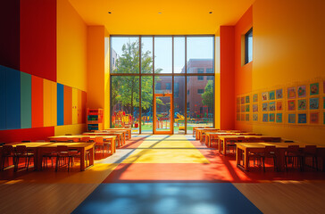 Vibrant Classroom: Clustered Desks and Colorful Resources for Dynamic Learning