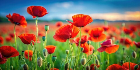 Fototapeta premium Vibrant red poppies in a green field , flowers, summer, nature, bloom, petals, meadow, garden, vibrant, colors