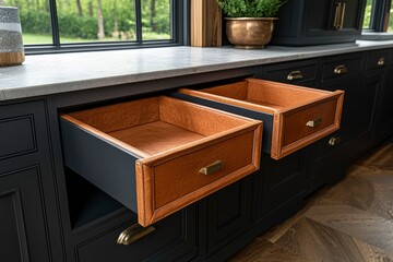 Open Drawers with Leather Linings in Black Kitchen Cabinetry