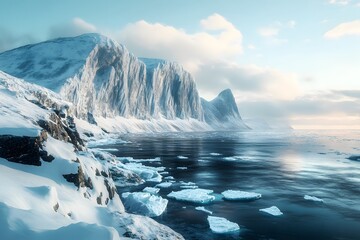 Snowy Mountain Landscape with Frozen Sea