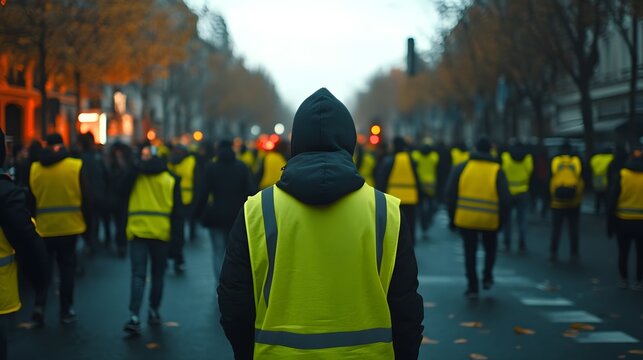 A hooded figure wearing a yellow vest in a crowd of people