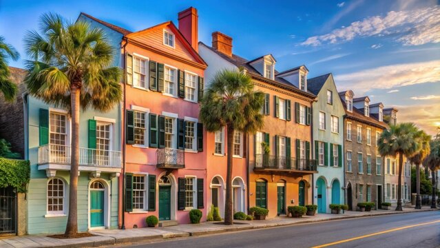 Colorful row of historic homes in Charleston SC, Rainbow Row, Charleston, South Carolina, historic, colorful, architecture