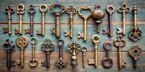 Obraz premium Collection of small retro keys from the past decades, vintage, antique, metal, old, unique, rusty, classic, set