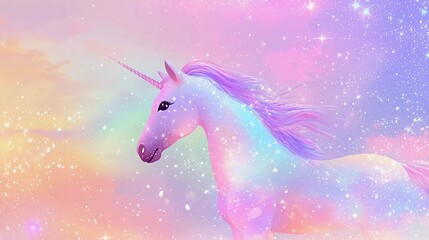 Naklejka premium Unicorn background with rainbow mesh. Mystical universe banner in princess colors. Fantasy gradient backdrop with hologram. Nice holographic unicorn background with magic sparkles, stars and blurs
