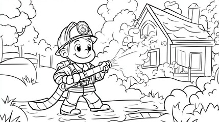 A cheerful firefighter stands confidently spraying water to combat flames near a house, making for an engaging and fun coloring activity