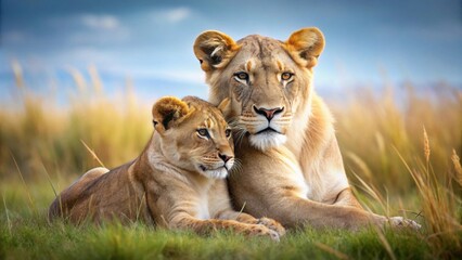 Lion cub cuddling with lioness in grassy savannah, wildlife, nature, love, family, safari, Africa, cuddle, mother, baby, lion