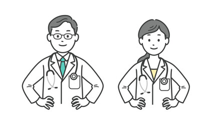 腰に手を当てて自信を見せる医師男女の上半身イラスト