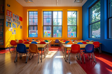 Vibrant Classroom: Clustered Desks and Colorful Supplies for Interactive Learning