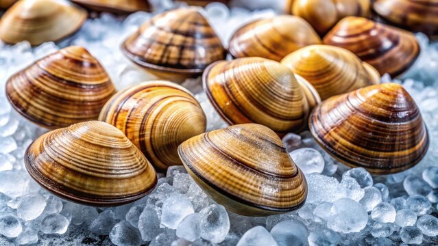 Close up of freshly harvested fasolari or smooth clams on a bed of ice, seafood, delicacy, shellfish, ocean, cuisine, fresh