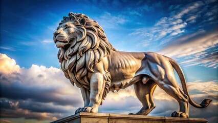 Statue of regal lion standing tall in a pose of strength and power, lion, statue, regal, majestic, powerful, strength, sculpture