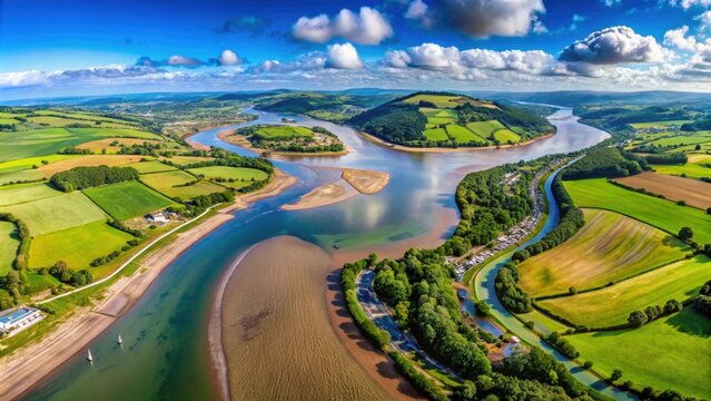A mesmerizing 360 VR aerial view of the River Exe Estuary and picturesque countryside in Devon, England