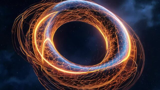 Cosmic void. Rotating torus structure. Glowing amber orange patterns on surface. Deep indigo background. Radiant lighting. Complex vortex patterns. Intricate geometric network. 