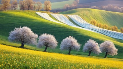 Scenic Rolling Hills with Blooming Trees