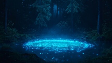 A mystical glowing pool illuminated by blue lights in a dark forest at night.