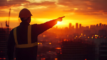 Fototapeta premium A construction worker points towards the skyline at sunset, showcasing dedication and the beauty of urban development.