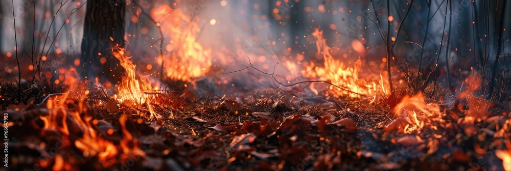 Sticker Flames from a forest fire consuming dry foliage and grass, rapidly expanding throughout the wooded area.