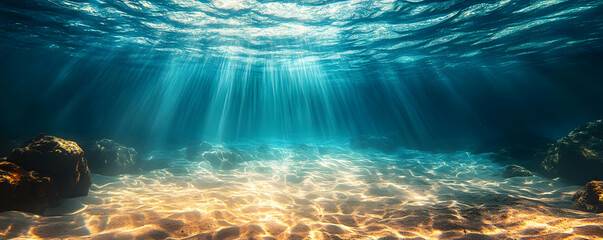 Breathtaking underwater scene showcasing sunlight rays filtering through crystal clear water, enhancing the serene ocean atmosphere.