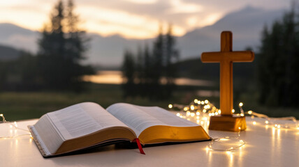 Open Bible and illuminated cross at sunset, symbolizing faith and spirituality in a serene natural setting with bokeh lights.