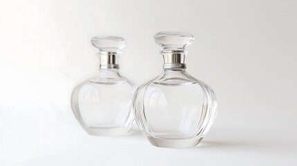 Trio of Transparent Perfume Bottles on White Background - Minimalistic Glass Fragrance Flasks Front View