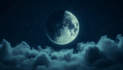 Fototapeta premium A serene night sky featuring a glowing moon amidst soft clouds, perfect for evoking tranquility and wonder.
