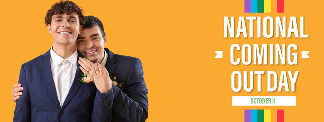 Married gay couple hugging on yellow background