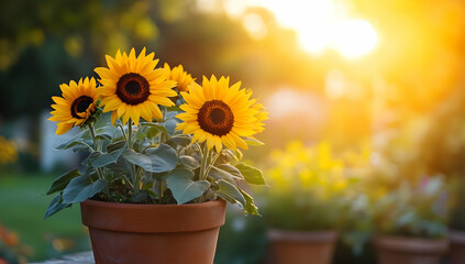 Obraz premium Bright sunflowers in a pot basking in sunlight, perfect for adding warmth and cheer to your floral arrangements or garden.
