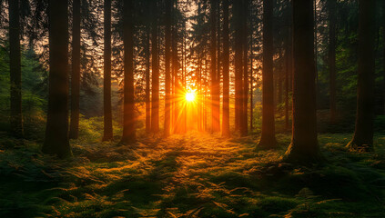 Fototapeta premium Serene forest landscape at sunset with rays of light filtering through trees, creating a tranquil and magical atmosphere.