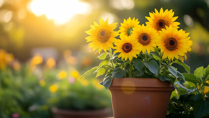 Obraz premium A vibrant pot of sunflowers basking in the warm glow of the sun, perfect for adding cheer to any space.