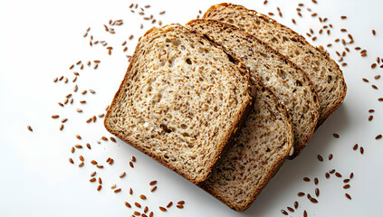 Freshly sliced whole grain bread with flaxseeds arranged beautifully on a white background, perfect for healthy meals.