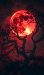 A striking red moon casts a haunting glow over silhouetted trees, creating a mesmerizing and eerie nighttime landscape.
