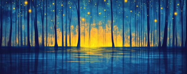 A serene twilight scene with glowing fireflies illuminating a tranquil forest and reflective water.