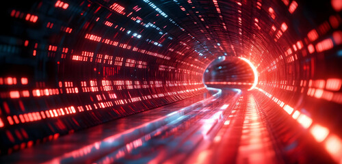 Fototapeta premium Futuristic tunnel illuminated by vibrant red and blue lights, creating a sense of depth and motion in a digital landscape.
