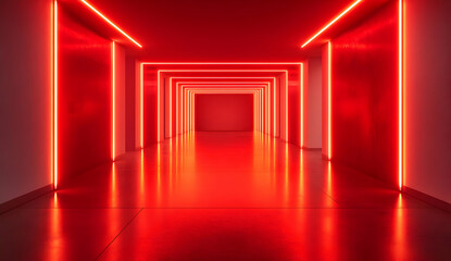 A modern corridor illuminated by vibrant red neon lights, creating a striking and energetic atmosphere.