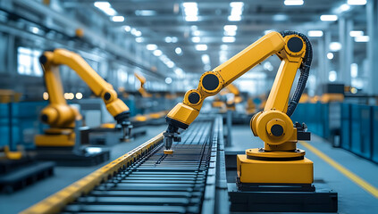Fototapeta premium Advanced robotic arms automate production in a modern industrial environment, enhancing efficiency and precision.