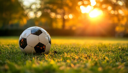 Obraz premium A soccer ball rests on green grass at sunset, capturing the essence of outdoor play and sports during the golden hour.