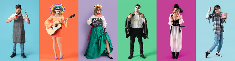 Set of people in Halloween costumes on color background