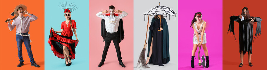 Set of people in Halloween costumes on color background