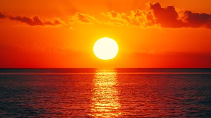 Serene Sunrise: Vibrant Orange Sun Over Tranquil Sea in Photographic Style | Sony Alpha A7 III RF Lens