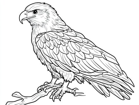 recommend clip art: A detailed line drawing of a hawk perched on a branch.