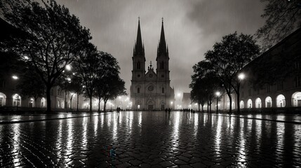 Fototapeta premium generative ai, Gothic Cathedral at Night with Reflections on Wet Cobblestone Plaza