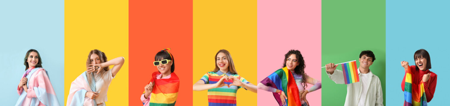 Collage of young LGBT people with flags on color background