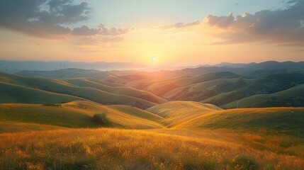 Fototapeta premium A breathtaking sunrise over rolling hills with wind turbines on the horizon, capturing the beauty of nature and renewable energy.