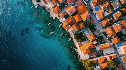 A stunning aerial view of a coastal town with vibrant red rooftops and crystal-clear turquoise waters, showcasing the beauty of seaside living.