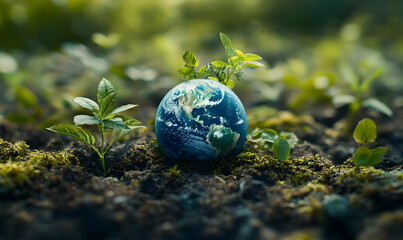 A small globe surrounded by seedlings, symbolizing environmental growth and harmony with nature in a lush green setting.