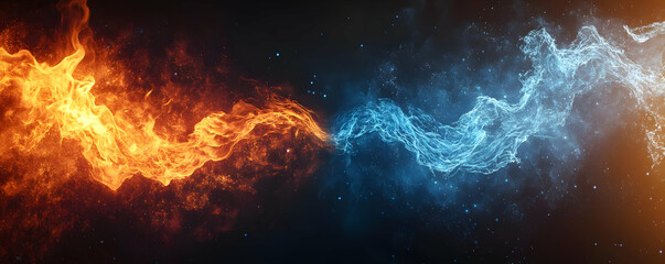 Fototapeta premium A stunning visual of fire and water merging, showcasing vibrant orange flames and cool blue waves in a dramatic cosmic background.