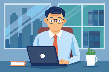 Busy middle-aged businessman executive wearing a shirt and glasses sitting at a desk using a laptop. Mature serious professional businessman manager working looking at computer technology in office.