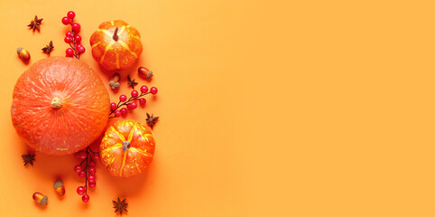 Autumn composition with ripe pumpkins, berries, spices and acorns on orange background