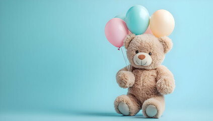 Fototapeta premium A cute teddy bear holding colorful balloons against a light blue background, perfect for celebrations and children's themes.